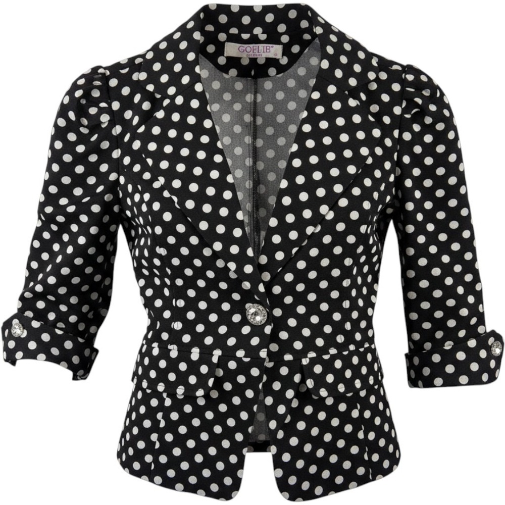 Black & White Polka Dot Notched Collar Women's Small Blazer 3/4 sleeves EUC
